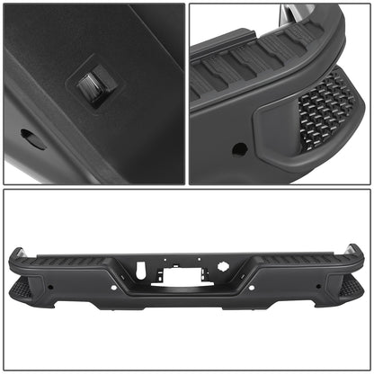 DEFENSA TRASERA 19-23 CHEVY SILVERADO 1500 GMC SIERRA 1500 ALSO FITS CHEVY SILVERADO 1500 LTD 22 AND GMC SIERRA 1500 LIMITED 22 - CORNER STEP MODEL W/ PARKING SENSOR HOLES - W/ EXHAUST CUTOUTS - BLACK/STEEL