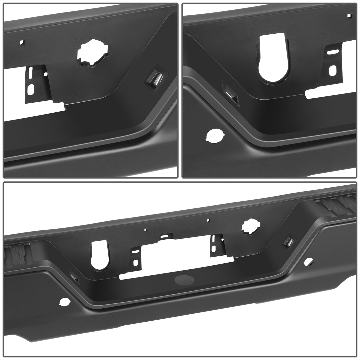 DEFENSA TRASERA 19-23 CHEVY SILVERADO 1500 GMC SIERRA 1500 ALSO FITS CHEVY SILVERADO 1500 LTD 22 AND GMC SIERRA 1500 LIMITED 22 - CORNER STEP MODEL W/ PARKING SENSOR HOLES - W/ EXHAUST CUTOUTS - BLACK/STEEL