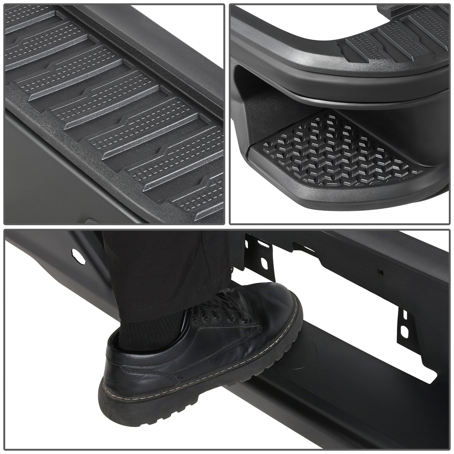 DEFENSA TRASERA 19-23 CHEVY SILVERADO 1500 GMC SIERRA 1500 ALSO FITS CHEVY SILVERADO 1500 LTD 22 AND GMC SIERRA 1500 LIMITED 22 - CORNER STEP MODEL W/ PARKING SENSOR HOLES - W/ EXHAUST CUTOUTS - BLACK/STEEL