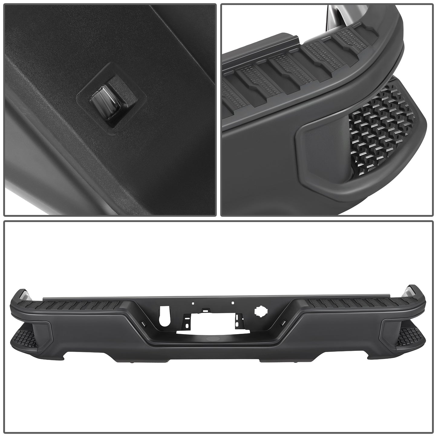 DEFENSA TRASERA 19-23 CHEVY SILVERADO 1500 GMC SIERRA 1500 ALSO FITS CHEVY SILVERADO 1500 LTD 22 AND GMC SIERRA 1500 LIMITED 22 - CORNER STEP MODEL W/O PARKING SENSOR HOLES - W/ EXHAUST CUTOUTS - BLACK/STEEL