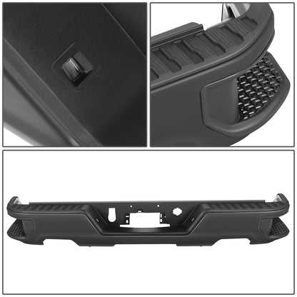 DEFENSA TRASERA 19-23 CHEVY SILVERADO 1500 GMC SIERRA 1500 ALSO FITS CHEVY SILVERADO 1500 LTD 22 AND GMC SIERRA 1500 LIMITED 22 - CORNER STEP MODEL W/O PARKING SENSOR HOLES - W/ EXHAUST CUTOUTS - BLACK/STEEL