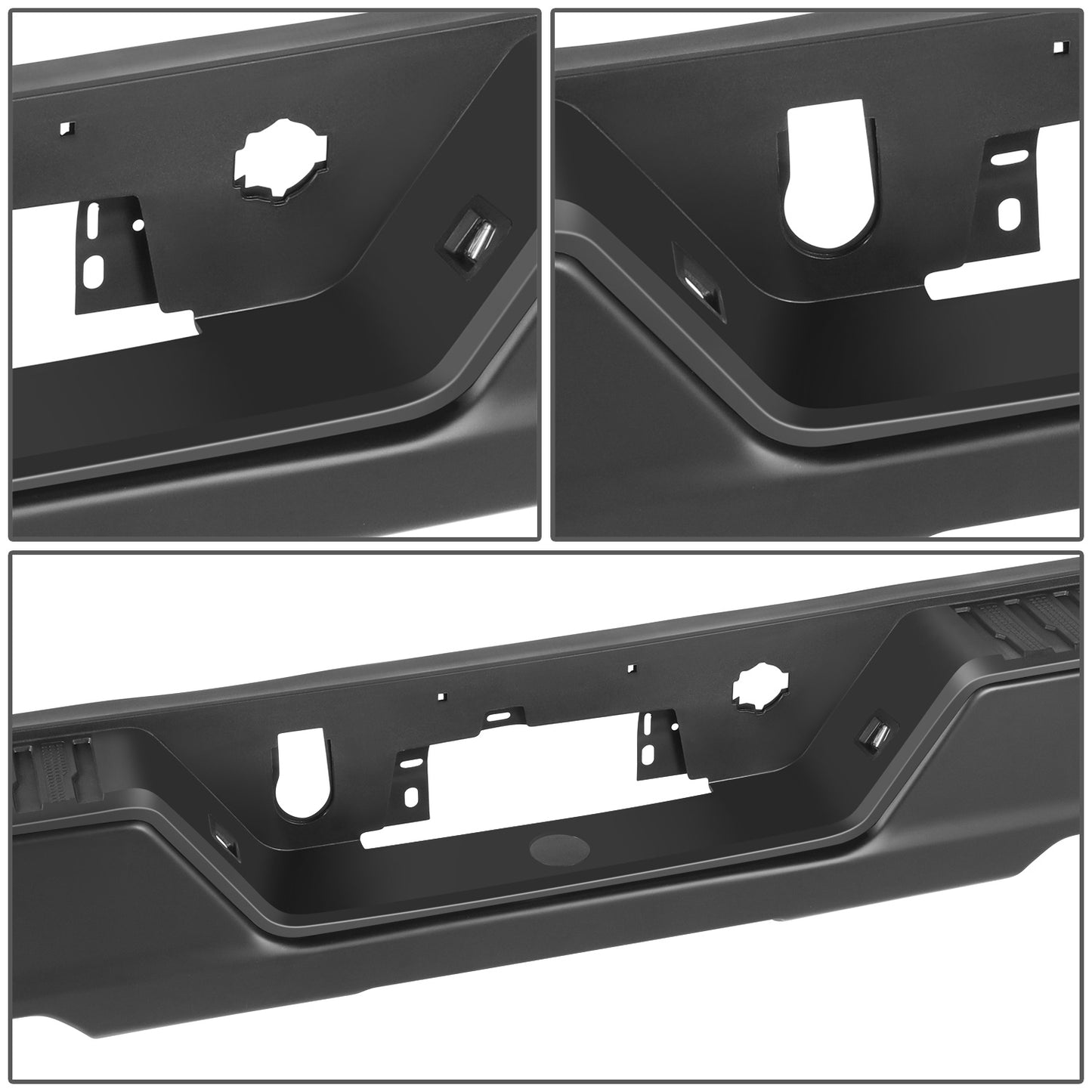 DEFENSA TRASERA 19-23 CHEVY SILVERADO 1500 GMC SIERRA 1500 ALSO FITS CHEVY SILVERADO 1500 LTD 22 AND GMC SIERRA 1500 LIMITED 22 - CORNER STEP MODEL W/O PARKING SENSOR HOLES - W/ EXHAUST CUTOUTS - BLACK/STEEL