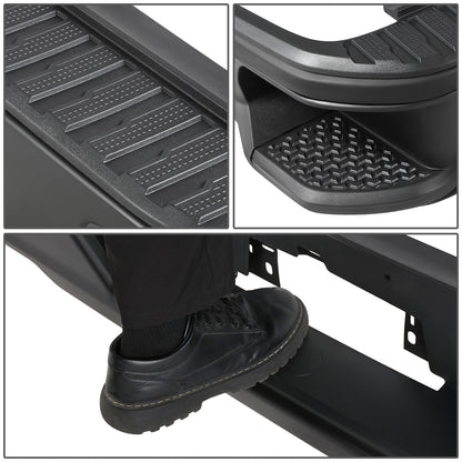 DEFENSA TRASERA 19-23 CHEVY SILVERADO 1500 GMC SIERRA 1500 ALSO FITS CHEVY SILVERADO 1500 LTD 22 AND GMC SIERRA 1500 LIMITED 22 - CORNER STEP MODEL W/O PARKING SENSOR HOLES - W/ EXHAUST CUTOUTS - BLACK/STEEL