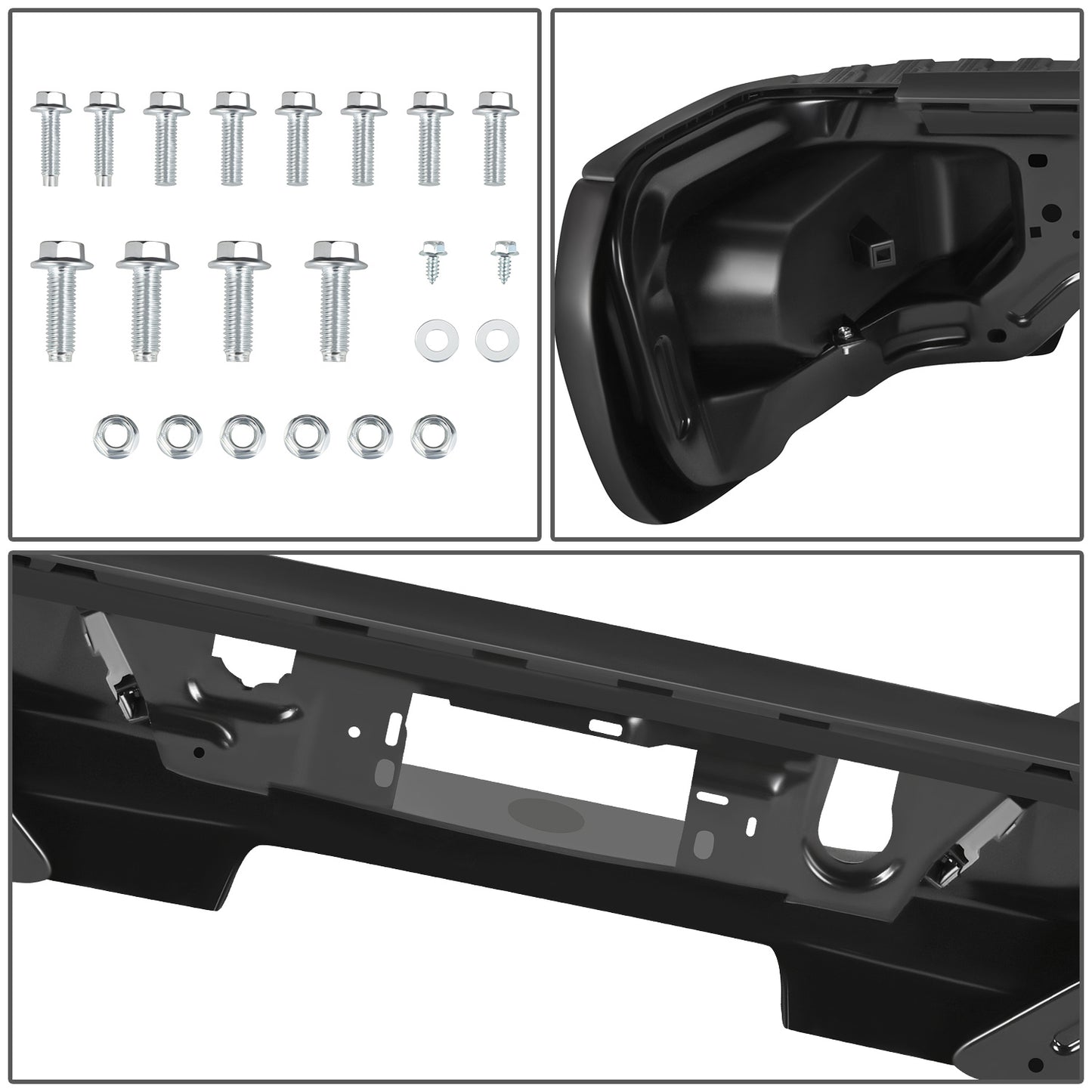 DEFENSA TRASERA 19-23 CHEVY SILVERADO 1500 GMC SIERRA 1500 ALSO FITS CHEVY SILVERADO 1500 LTD 22 AND GMC SIERRA 1500 LIMITED 22 - CORNER STEP MODEL W/O PARKING SENSOR HOLES - W/ EXHAUST CUTOUTS - BLACK/STEEL