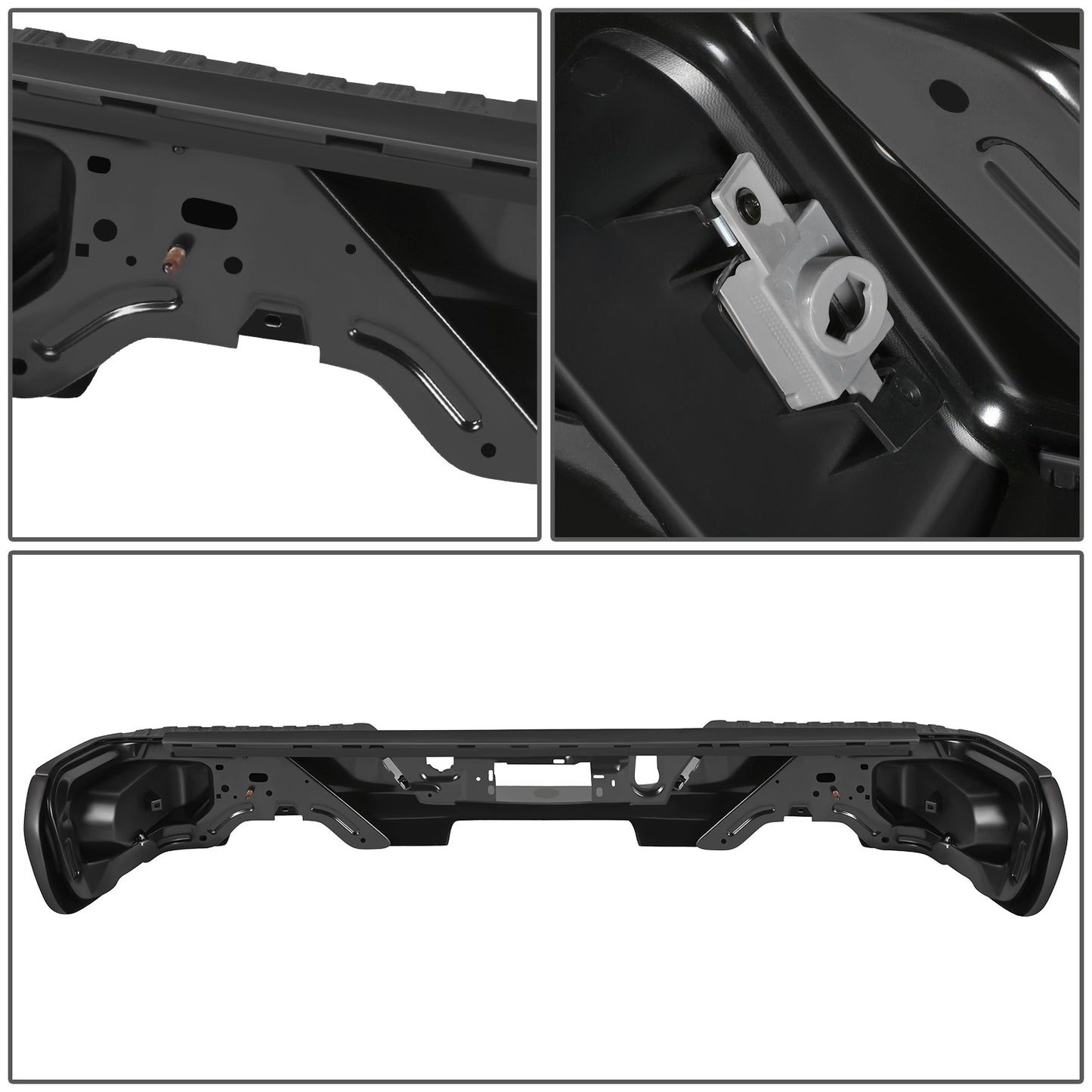 DEFENSA TRASERA 19-23 CHEVY SILVERADO 1500 GMC SIERRA 1500 ALSO FITS CHEVY SILVERADO 1500 LTD 22 AND GMC SIERRA 1500 LIMITED 22 - CORNER STEP MODEL W/O PARKING SENSOR HOLES - W/ EXHAUST CUTOUTS - BLACK/STEEL