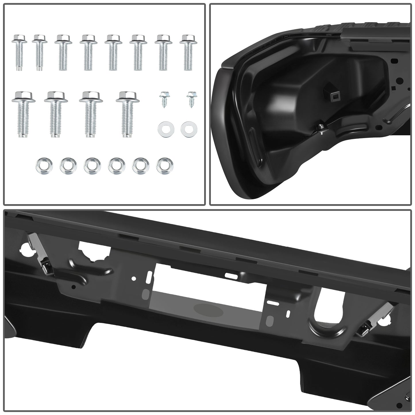 DEFENSA TRASERA 19-23 CHEVY SILVERADO 1500 GMC SIERRA 1500 ALSO FITS CHEVY SILVERADO 1500 LTD 22 AND GMC SIERRA 1500 LIMITED 22 - CORNER STEP MODEL W/ PARKING SENSOR HOLES - W/O EXHUAST CUTOUTS - BLACK/STEEL