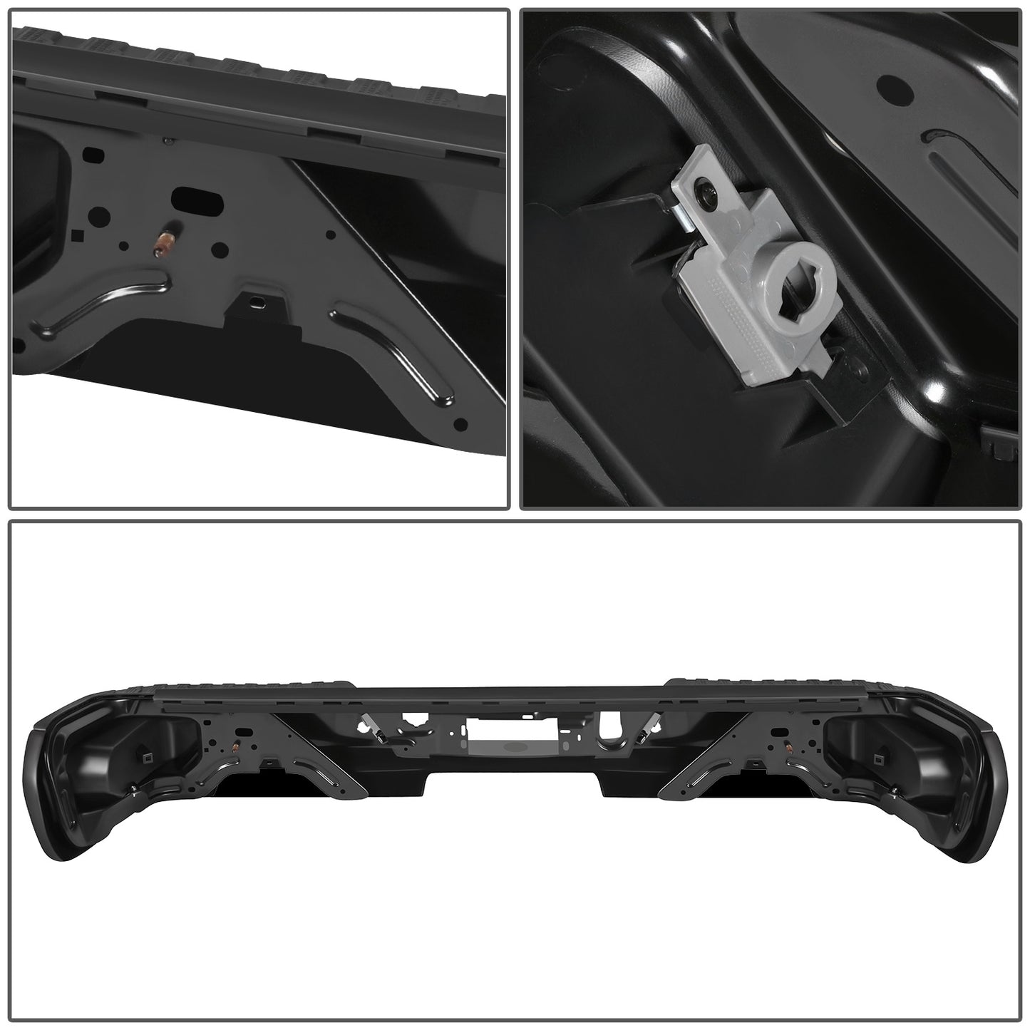 DEFENSA TRASERA 19-23 CHEVY SILVERADO 1500 GMC SIERRA 1500 ALSO FITS CHEVY SILVERADO 1500 LTD 22 AND GMC SIERRA 1500 LIMITED 22 - CORNER STEP MODEL W/ PARKING SENSOR HOLES - W/O EXHUAST CUTOUTS - BLACK/STEEL