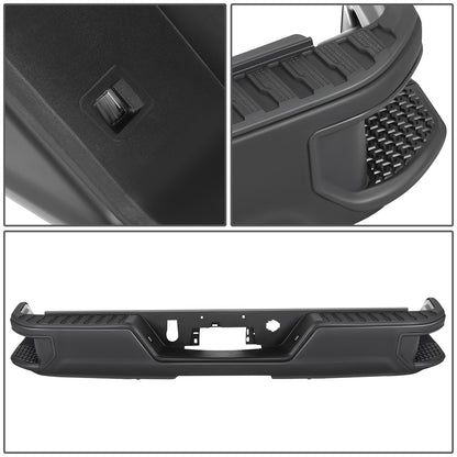 DEFENSA TRASERA 19-23 CHEVY SILVERADO 1500 GMC SIERRA 1500 ALSO FITS CHEVY SILVERADO 1500 LTD 22 AND GMC SIERRA 1500 LIMITED 22 - CORNER STEP MODEL W/O PARKING SENSOR HOLES - W/O EXHUAST CUTOUTS - BLACK/STEEL