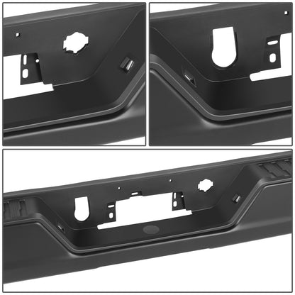 DEFENSA TRASERA 19-23 CHEVY SILVERADO 1500 GMC SIERRA 1500 ALSO FITS CHEVY SILVERADO 1500 LTD 22 AND GMC SIERRA 1500 LIMITED 22 - CORNER STEP MODEL W/O PARKING SENSOR HOLES - W/O EXHUAST CUTOUTS - BLACK/STEEL