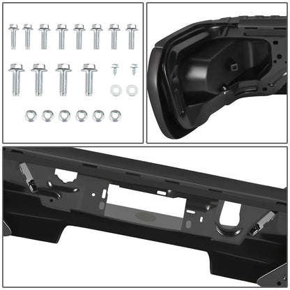 DEFENSA TRASERA 19-23 CHEVY SILVERADO 1500 GMC SIERRA 1500 ALSO FITS CHEVY SILVERADO 1500 LTD 22 AND GMC SIERRA 1500 LIMITED 22 - CORNER STEP MODEL W/O PARKING SENSOR HOLES - W/O EXHUAST CUTOUTS - BLACK/STEEL