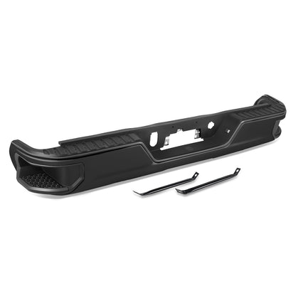 DEFENSA TRASERA 19-23 CHEVY SILVERADO 1500 GMC SIERRA 1500 ALSO FITS CHEVY SILVERADO 1500 LTD 22 AND GMC SIERRA 1500 LIMITED 22 - CORNER STEP MODEL W/O PARKING SENSOR HOLES - W/O EXHUAST CUTOUTS - BLACK/STEEL