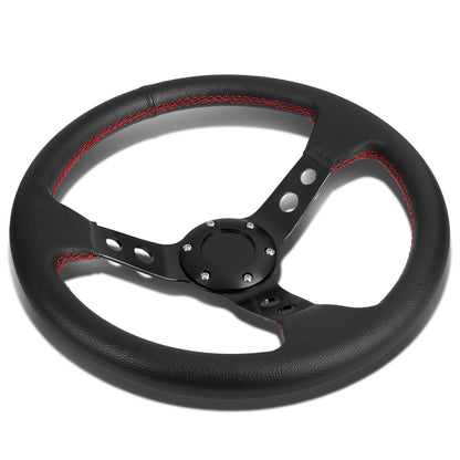 VOLANTE STEERING WHEEL - 3" DEEP DISH - 350MM - PVC LEATHER - 6 BOLT - BLACK W/ RED STITCHING - BLACK SPOKE