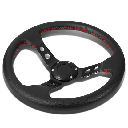 VOLANTE STEERING WHEEL - 3" DEEP DISH - 350MM - PVC LEATHER - 6 BOLT - BLACK W/ RED STITCHING - BLACK SPOKE