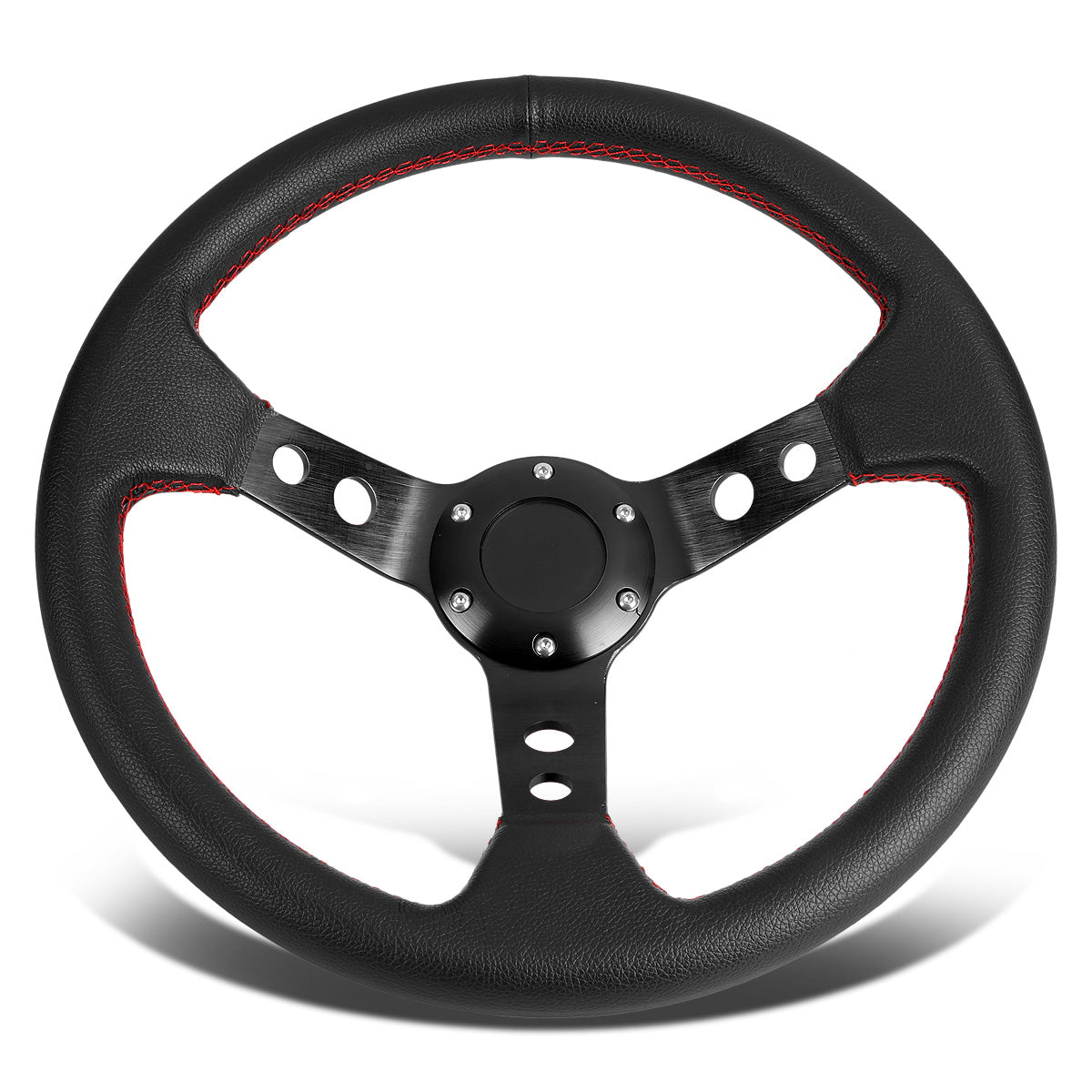 VOLANTE STEERING WHEEL - 3" DEEP DISH - 350MM - PVC LEATHER - 6 BOLT - BLACK W/ RED STITCHING - BLACK SPOKE