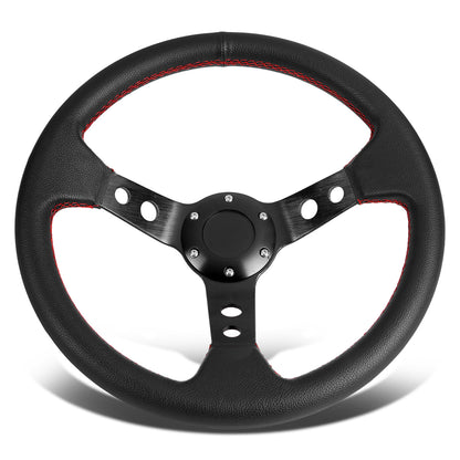 VOLANTE STEERING WHEEL - 3" DEEP DISH - 350MM - PVC LEATHER - 6 BOLT - BLACK W/ RED STITCHING - BLACK SPOKE