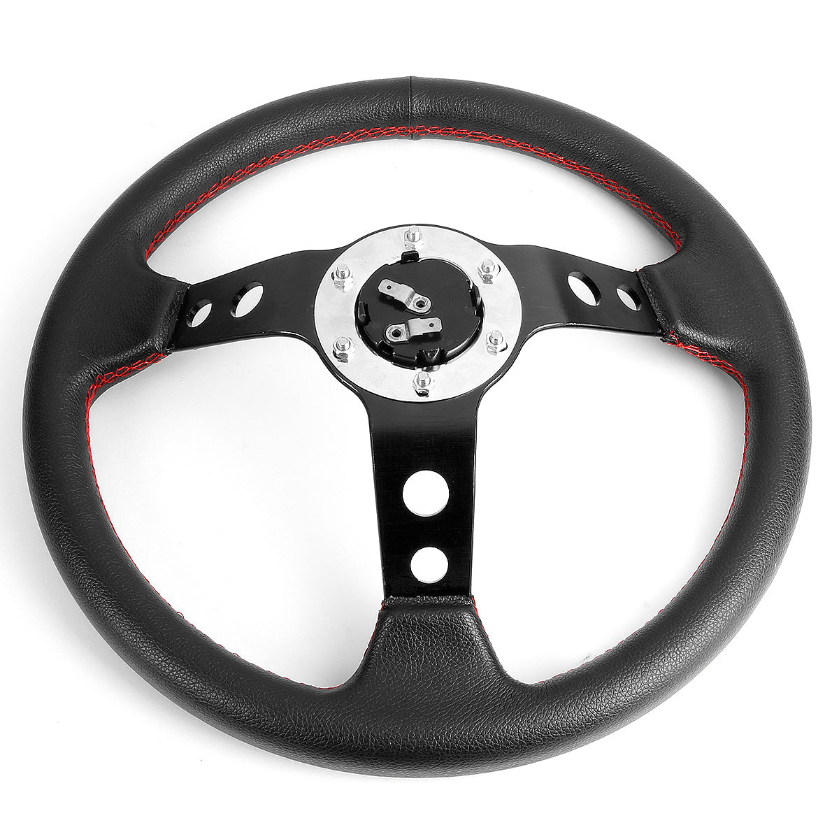 VOLANTE STEERING WHEEL - 3" DEEP DISH - 350MM - PVC LEATHER - 6 BOLT - BLACK W/ RED STITCHING - BLACK SPOKE