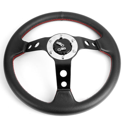 VOLANTE STEERING WHEEL - 3" DEEP DISH - 350MM - PVC LEATHER - 6 BOLT - BLACK W/ RED STITCHING - BLACK SPOKE