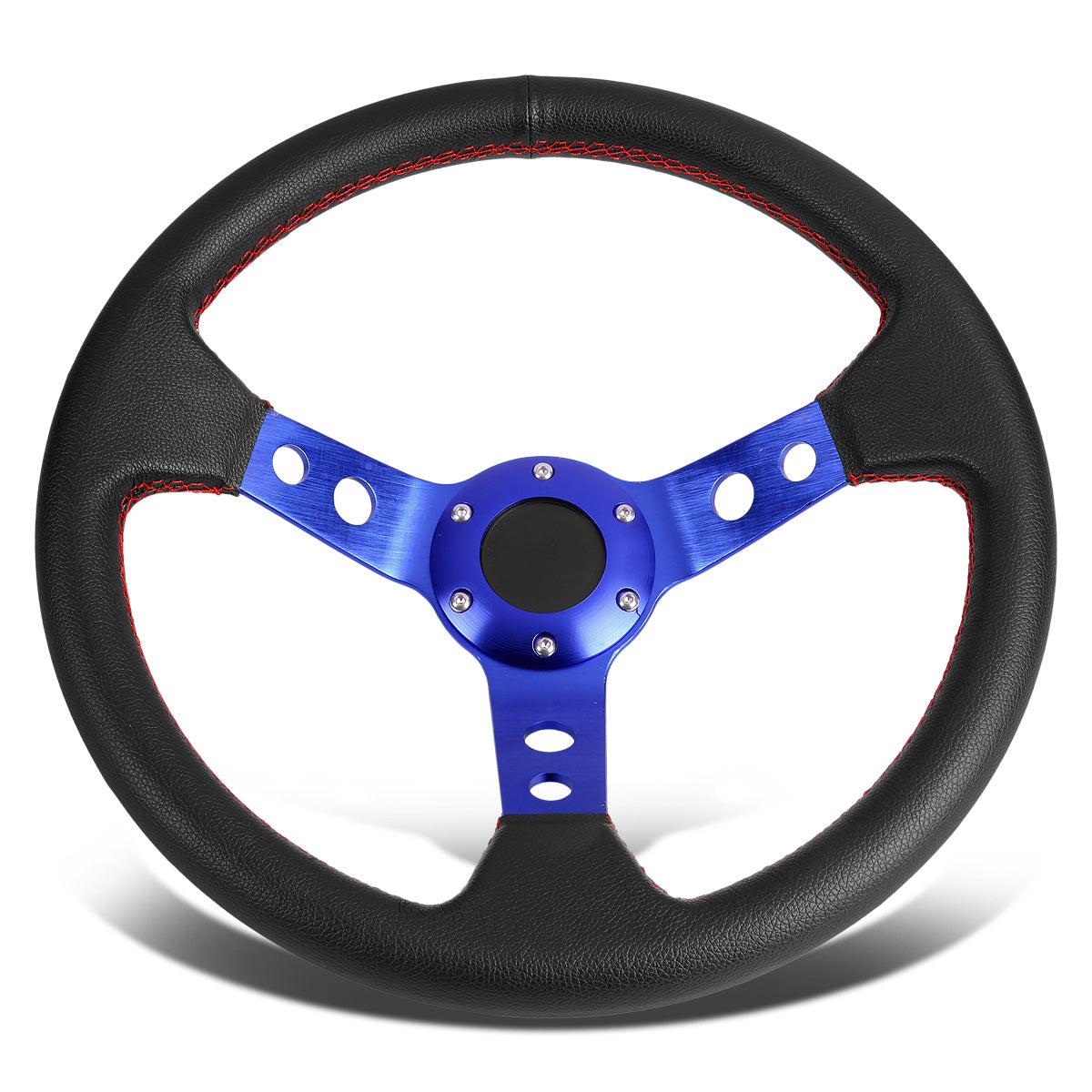 VOLANTE STEERING WHEEL - 3" DEEP DISH - 350MM - PVC LEATHER - 6 BOLT - BLACK W/ RED STITCHING - BLACK SPOKE