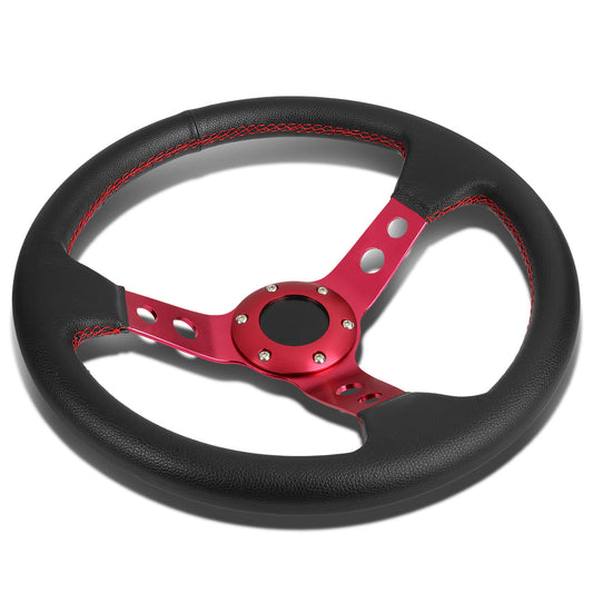 VOLANTE STEERING WHEEL - 3" DEEP DISH - 350MM - PVC LEATHER - 6 BOLT - BLACK W/ RED STITCHING - RED SPOKE