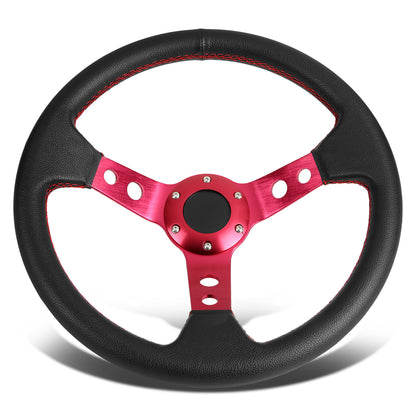 VOLANTE STEERING WHEEL - 3" DEEP DISH - 350MM - PVC LEATHER - 6 BOLT - BLACK W/ RED STITCHING - RED SPOKE