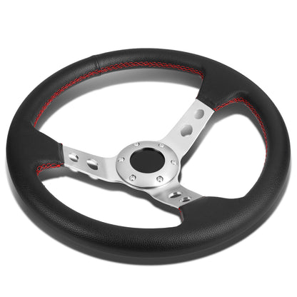 VOLANTE STEERING WHEEL - 3" DEEP DISH - 350MM - PVC LEATHER - 6 BOLT - BLACK W/ RED STITCHING - SILVER SPOKE