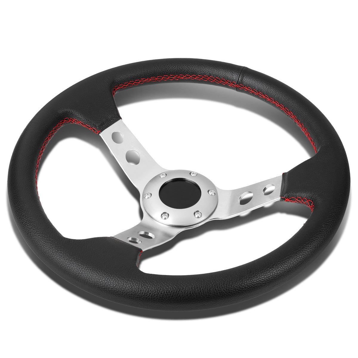 VOLANTE STEERING WHEEL - 3" DEEP DISH - 350MM - PVC LEATHER - 6 BOLT - BLACK W/ RED STITCHING - SILVER SPOKE