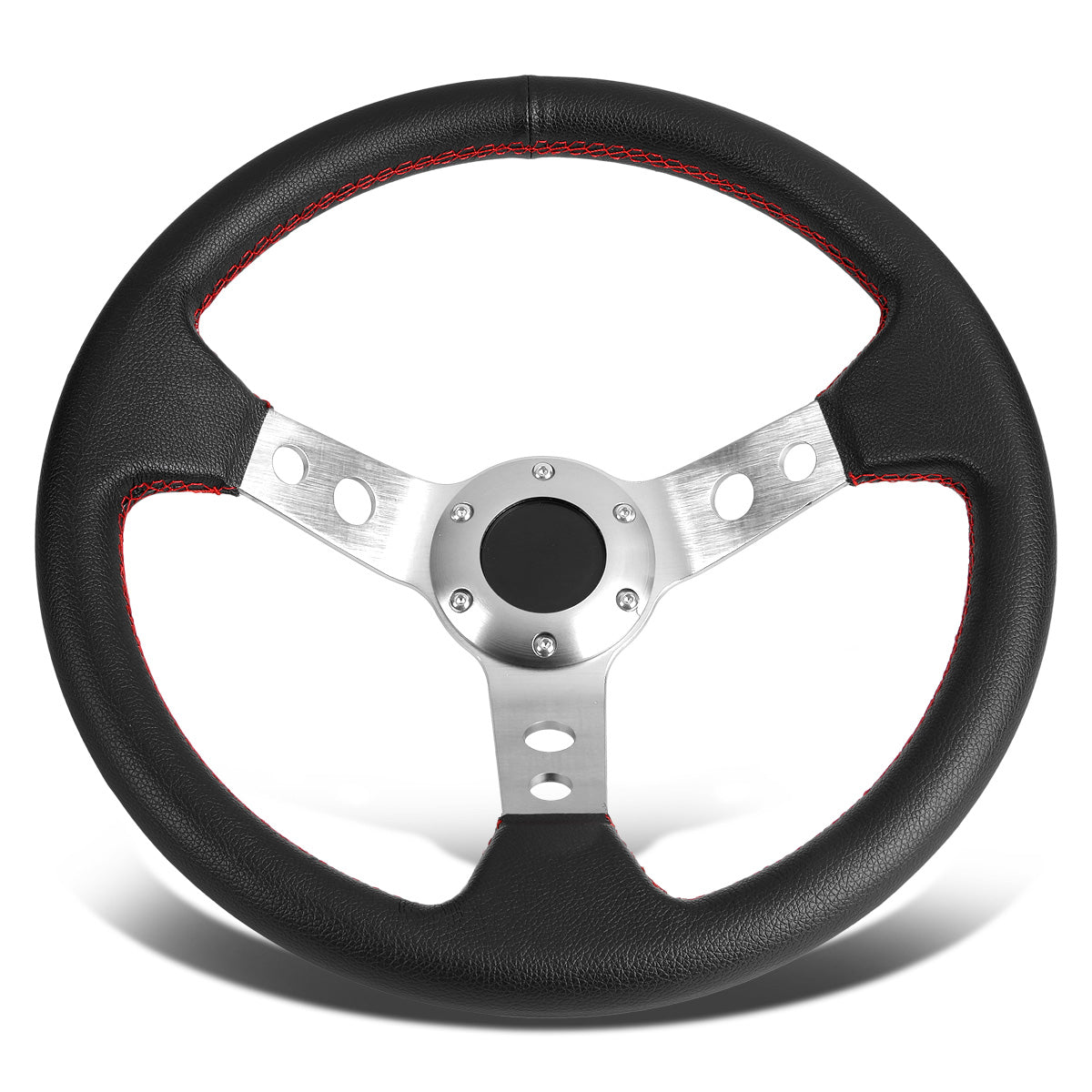 VOLANTE STEERING WHEEL - 3" DEEP DISH - 350MM - PVC LEATHER - 6 BOLT - BLACK W/ RED STITCHING - SILVER SPOKE