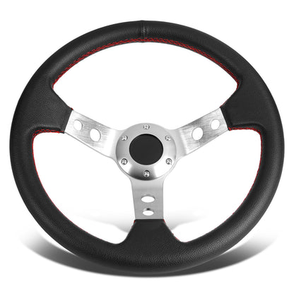 VOLANTE STEERING WHEEL - 3" DEEP DISH - 350MM - PVC LEATHER - 6 BOLT - BLACK W/ RED STITCHING - SILVER SPOKE