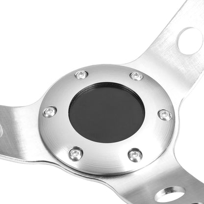 VOLANTE STEERING WHEEL - 3" DEEP DISH - 350MM - PVC LEATHER - 6 BOLT - BLACK W/ RED STITCHING - SILVER SPOKE