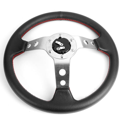 VOLANTE STEERING WHEEL - 3" DEEP DISH - 350MM - PVC LEATHER - 6 BOLT - BLACK W/ RED STITCHING - SILVER SPOKE