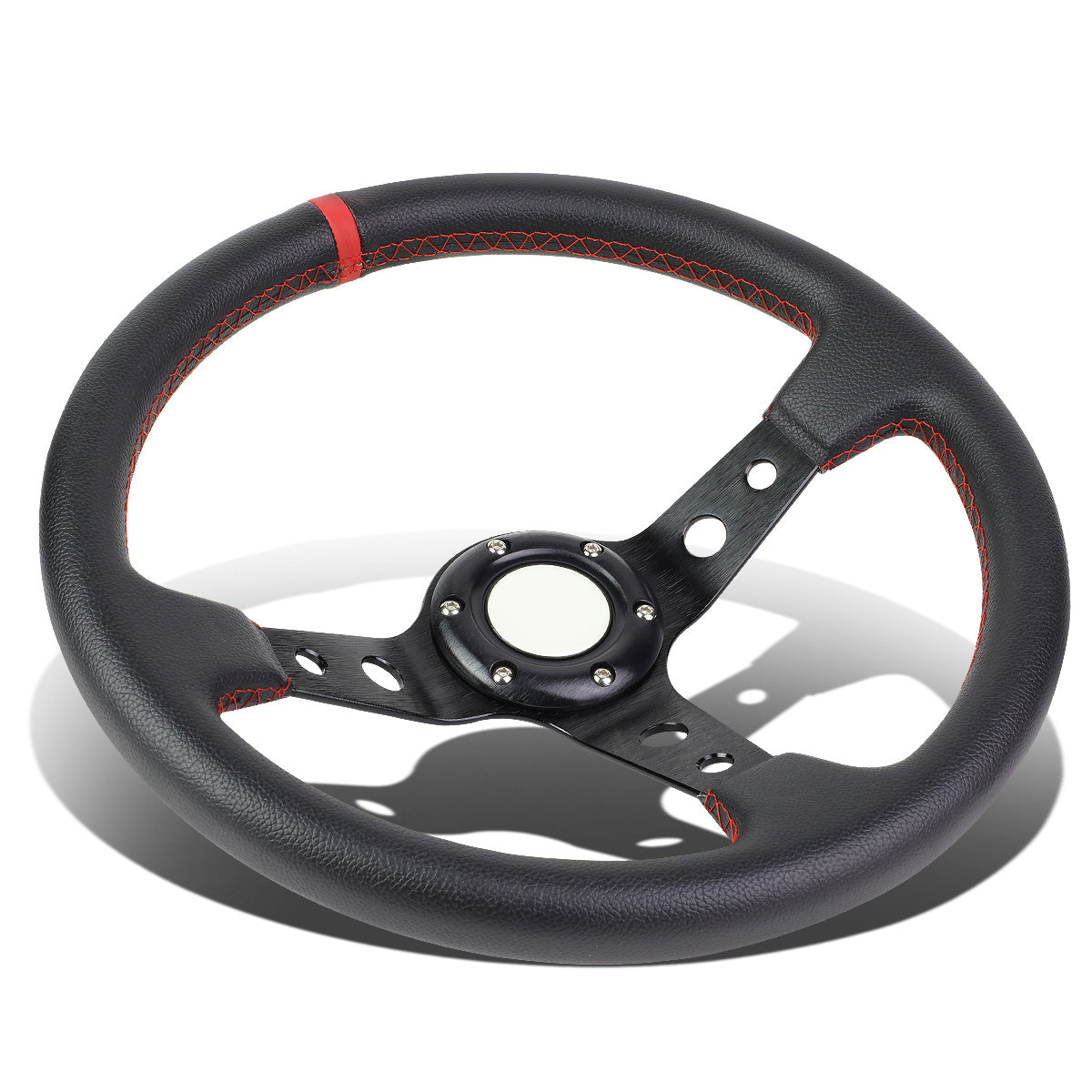 VOLANTE STEERING WHEEL - 350MM - PVC BLACK LEATHER - 6-BOLT - ALUMINUM - BLACK CENTER W/ RED STRIPE
