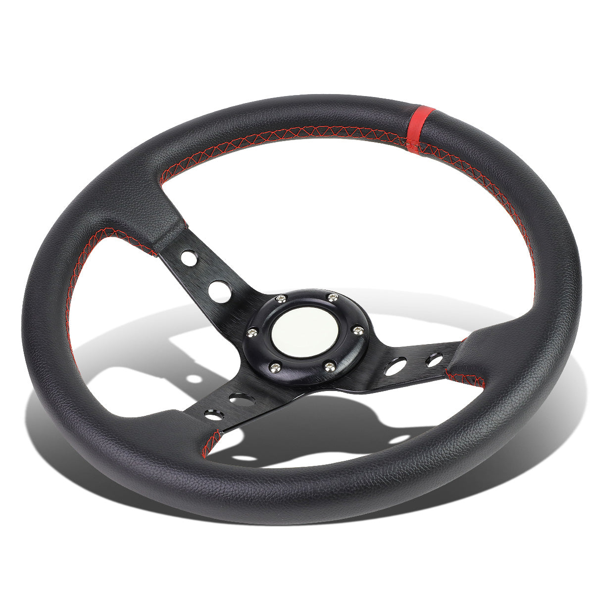 VOLANTE STEERING WHEEL - 350MM - PVC BLACK LEATHER - 6-BOLT - ALUMINUM - BLACK CENTER W/ RED STRIPE