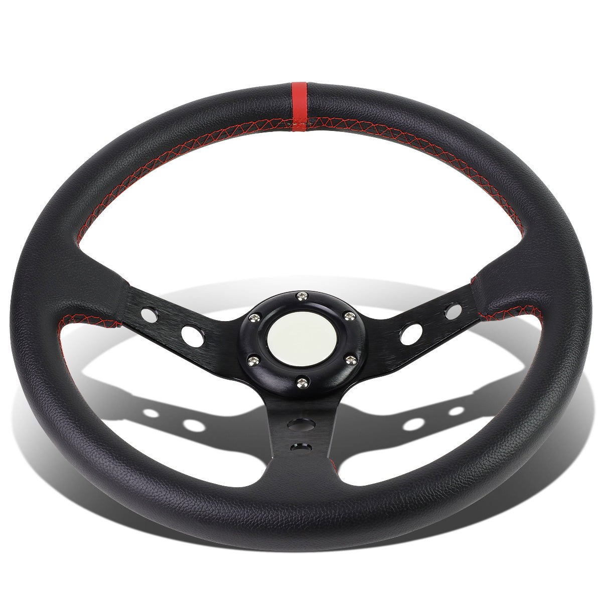 VOLANTE STEERING WHEEL - 350MM - PVC BLACK LEATHER - 6-BOLT - ALUMINUM - BLACK CENTER W/ RED STRIPE