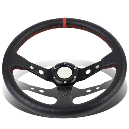 VOLANTE STEERING WHEEL - 350MM - PVC BLACK LEATHER - 6-BOLT - ALUMINUM - BLACK CENTER W/ RED STRIPE