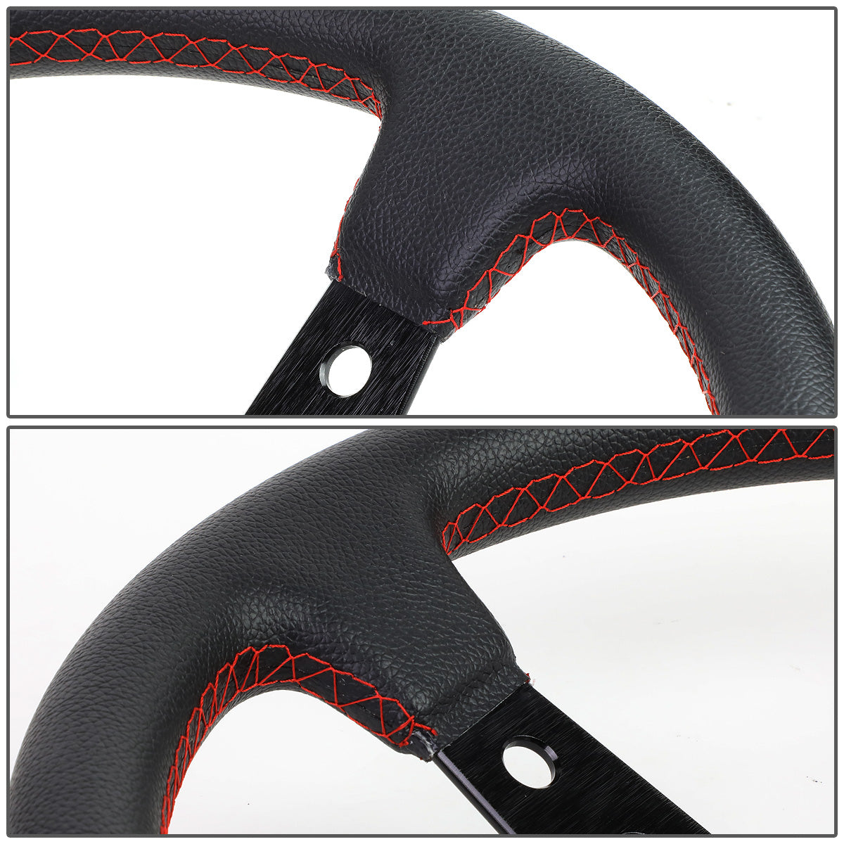 VOLANTE STEERING WHEEL - 350MM - PVC BLACK LEATHER - 6-BOLT - ALUMINUM - BLACK CENTER W/ RED STRIPE