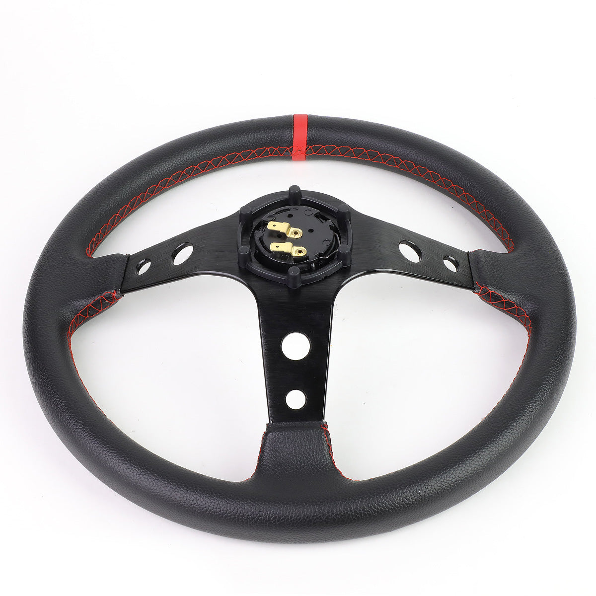 VOLANTE STEERING WHEEL - 350MM - PVC BLACK LEATHER - 6-BOLT - ALUMINUM - BLACK CENTER W/ RED STRIPE