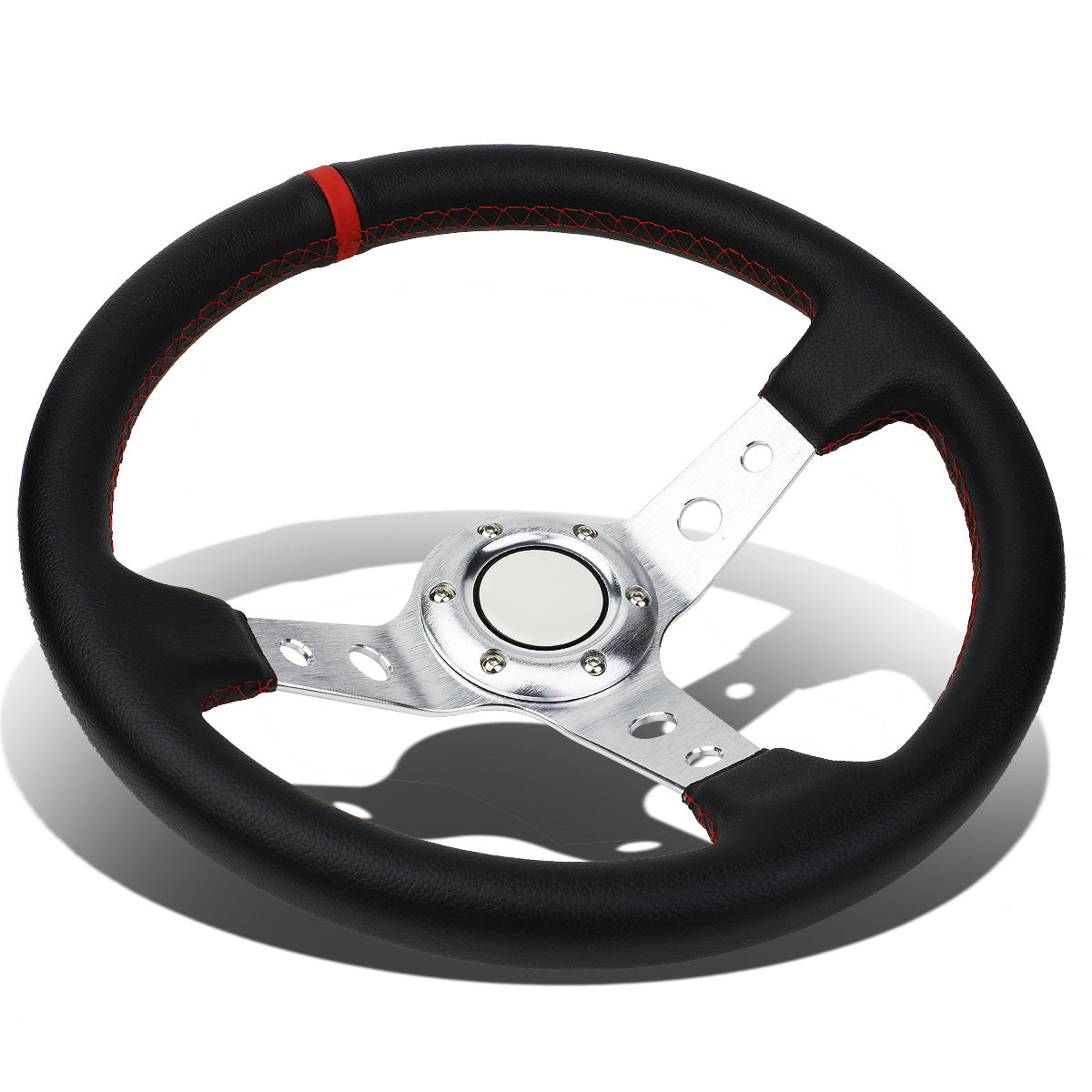 VOLANTE STEERING WHEEL - 350MM - PVC BLACK LEATHER - 6-BOLT - ALUMINUM - SILVER CENTER W/ RED STRIPE