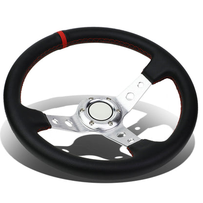 VOLANTE STEERING WHEEL - 350MM - PVC BLACK LEATHER - 6-BOLT - ALUMINUM - SILVER CENTER W/ RED STRIPE