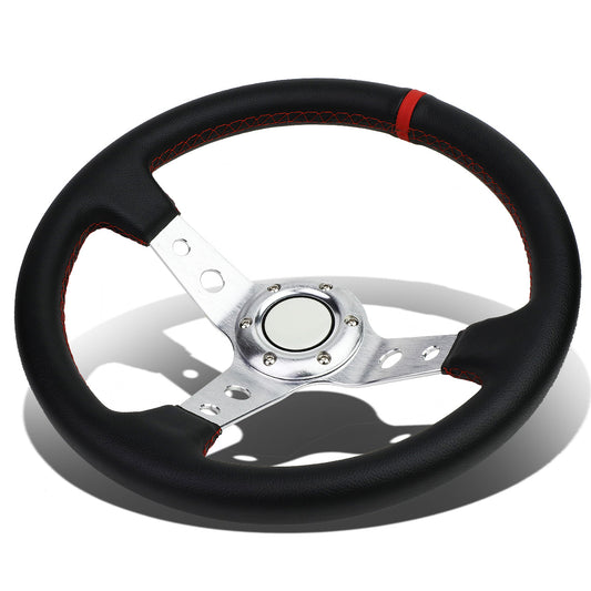 VOLANTE STEERING WHEEL - 350MM - PVC BLACK LEATHER - 6-BOLT - ALUMINUM - SILVER CENTER W/ RED STRIPE