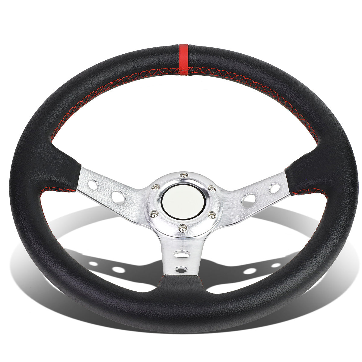 VOLANTE STEERING WHEEL - 350MM - PVC BLACK LEATHER - 6-BOLT - ALUMINUM - SILVER CENTER W/ RED STRIPE