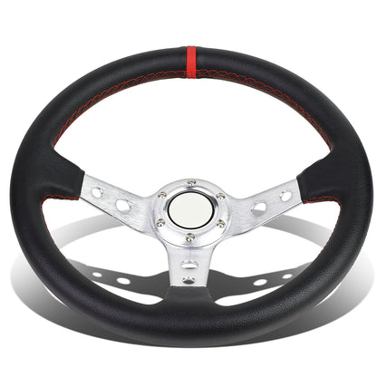 VOLANTE STEERING WHEEL - 350MM - PVC BLACK LEATHER - 6-BOLT - ALUMINUM - SILVER CENTER W/ RED STRIPE