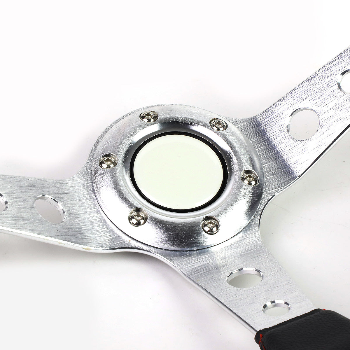 VOLANTE STEERING WHEEL - 350MM - PVC BLACK LEATHER - 6-BOLT - ALUMINUM - SILVER CENTER W/ RED STRIPE