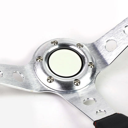 VOLANTE STEERING WHEEL - 350MM - PVC BLACK LEATHER - 6-BOLT - ALUMINUM - SILVER CENTER W/ RED STRIPE