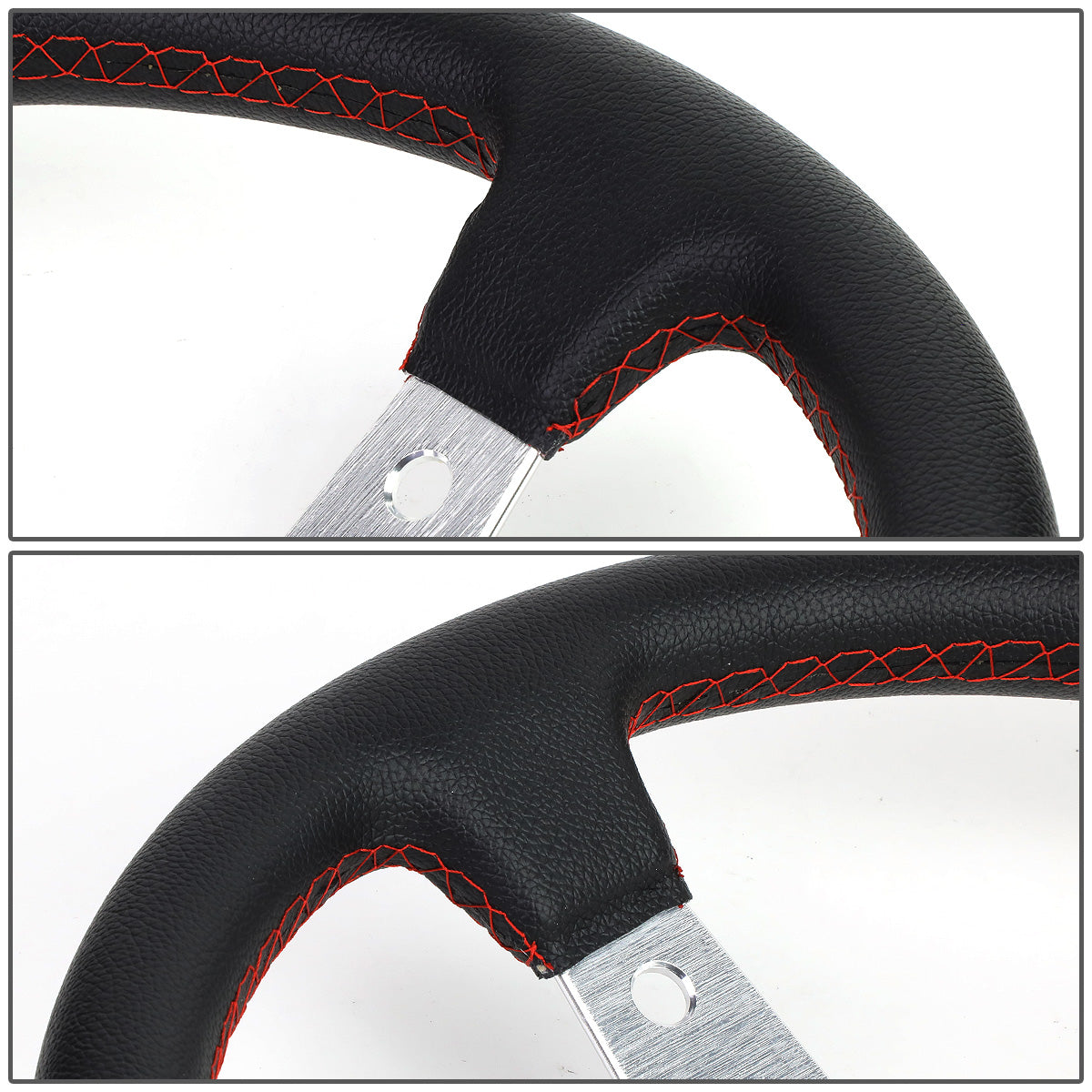 VOLANTE STEERING WHEEL - 350MM - PVC BLACK LEATHER - 6-BOLT - ALUMINUM - SILVER CENTER W/ RED STRIPE
