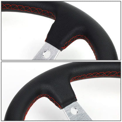 VOLANTE STEERING WHEEL - 350MM - PVC BLACK LEATHER - 6-BOLT - ALUMINUM - SILVER CENTER W/ RED STRIPE