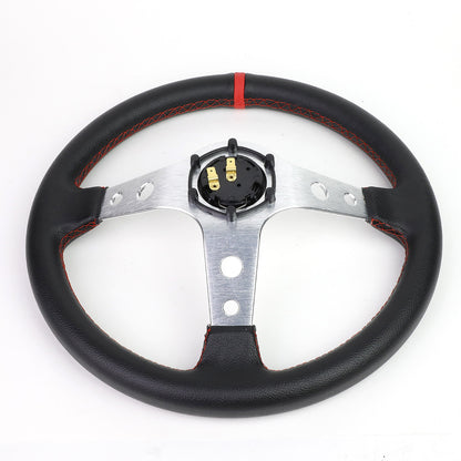 VOLANTE STEERING WHEEL - 350MM - PVC BLACK LEATHER - 6-BOLT - ALUMINUM - SILVER CENTER W/ RED STRIPE