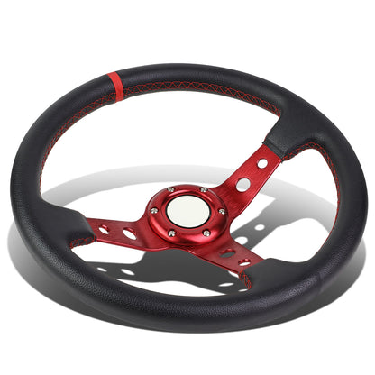 VOLANTE STEERING WHEEL - 350MM - PVC BLACK LEATHER - 6-BOLT - ALUMINUM - RED CENTER W/ RED STRIPE