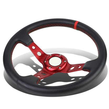 VOLANTE STEERING WHEEL - 350MM - PVC BLACK LEATHER - 6-BOLT - ALUMINUM - RED CENTER W/ RED STRIPE