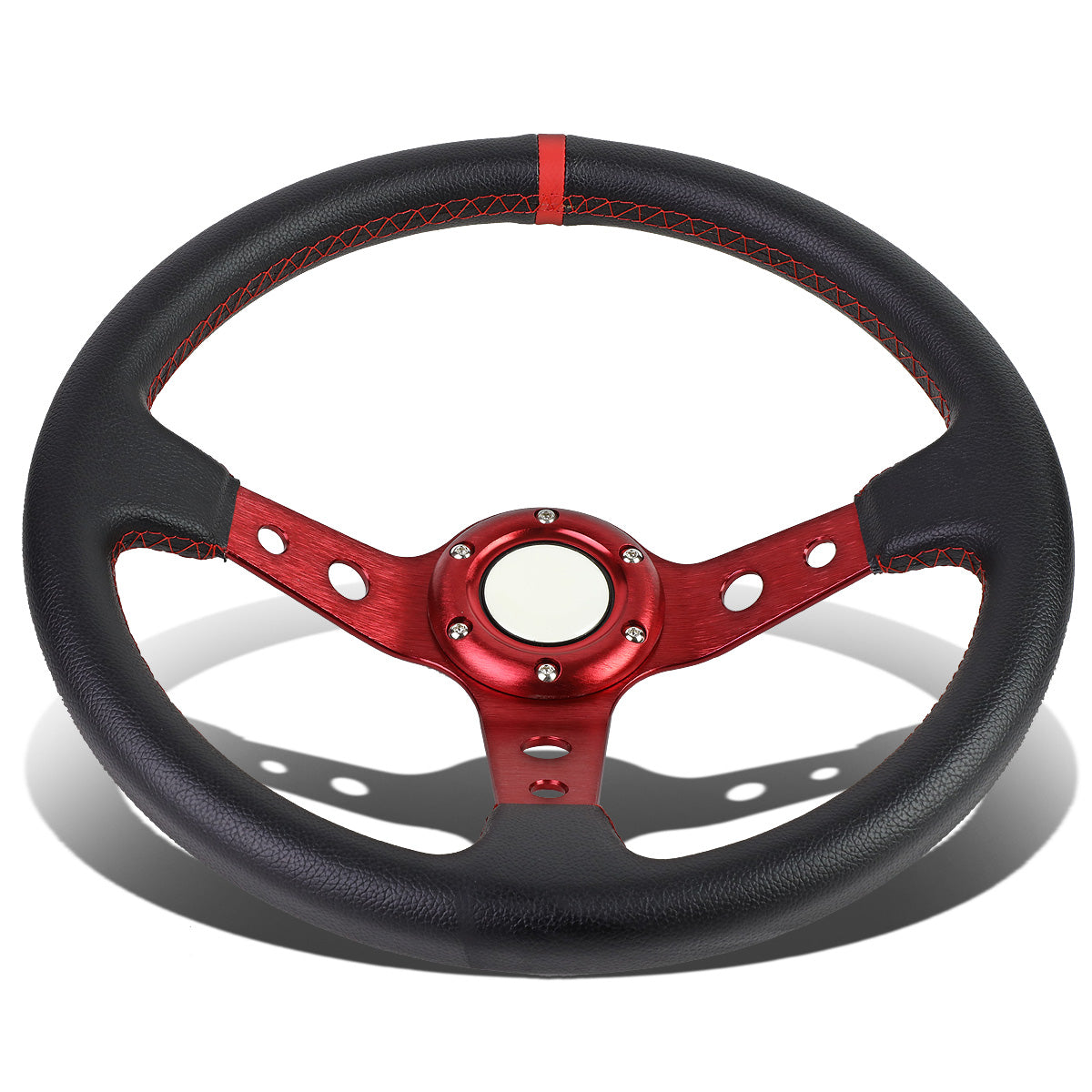 VOLANTE STEERING WHEEL - 350MM - PVC BLACK LEATHER - 6-BOLT - ALUMINUM - RED CENTER W/ RED STRIPE