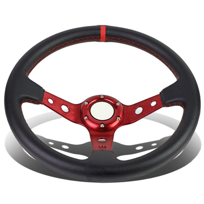 VOLANTE STEERING WHEEL - 350MM - PVC BLACK LEATHER - 6-BOLT - ALUMINUM - RED CENTER W/ RED STRIPE